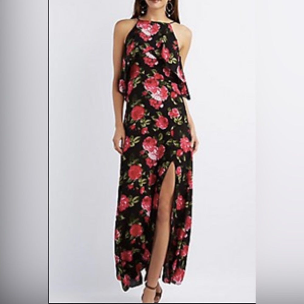 Floral Maxi Dress Cold Shoulder Dress with a Slit,  Size Large